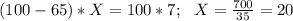 (100-65)*X=100*7;\ \ X=\frac{700}{35}= 20