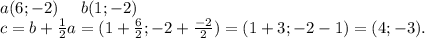 a(6;-2)\ \ \ \ b(1;-2)\\c=b+\frac{1}{2}a=(1+\frac{6}{2}; -2+\frac{-2}{2} )=(1+3;-2-1)=(4;-3).