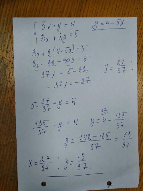 решите систему 5x+y=4 3x+8y=-5