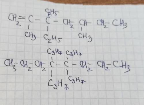 Складіть формули речовин за їх назвами б )3,3 диетил 2,5 диметилгептен-1в ) 4,4,5,5 тетрапропілоктин