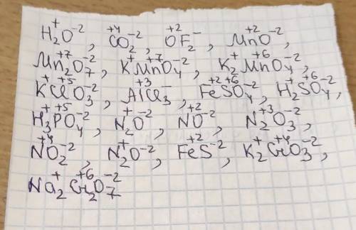 Визначте ступiнь окиснення H2O, CO2 ,OF2,MnO,Mn2O7,KMnO4,K2MnO4,KCiO3,AlCl3,FeSO4,H2SO4,H3PO4,N²O,NO