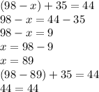 (98 - x) + 35 = 44 \\ 98 - x = 44 - 35 \\ 98 - x = 9 \\ x = 98 - 9 \\ x = 89 \\ (98 - 89) + 35 = 44 \\ 44 = 44