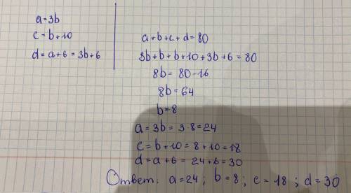 Найдите a,b,c,d если a=3b,с=b+10,d=a+ 6,а+b+c+d=80 Пошаговое объяснение