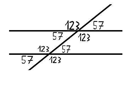 Прямые a и b параллельны. ПРЯМАЯ c пересекает прямые a и b под углом 57°. Найдите все углы. 6 класс