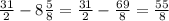 \frac{31}{2} -8\frac{5}{8} =\frac{31}{2} -\frac{69}{8} =\frac{55}{8}