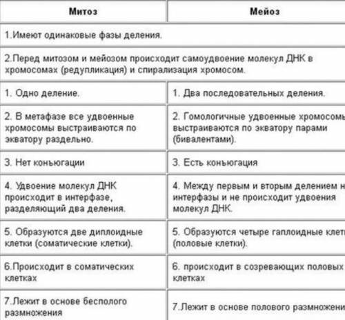 Сравнительная таблица митоз и мейоз​