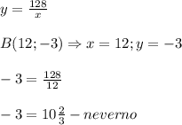 y=\frac{128}{x}\\\\B(12;-3)\Rightarrow x=12;y=-3\\\\-3=\frac{128}{12}\\\\-3=10\frac{2}{3}-neverno