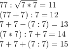 77 : \sqrt{7*7} = 11\\(77 + 7) : 7 = 12\\7 + 7 - (7 : 7) = 13\\(7 * 7) : 7 + 7 = 14\\7 + 7 + (7 : 7) = 15 \\