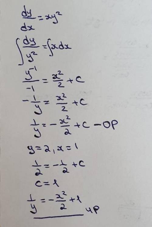 Найдите частное решение дифференциального уравнения y'=xy^2 при y=2,x=1​