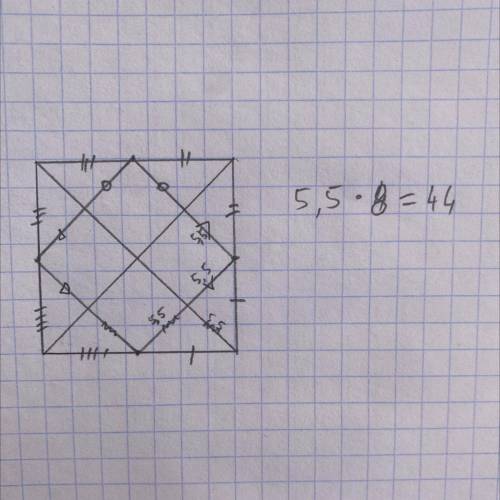 Длина диоганали квадрата =22см. Вычесли периметр такого квадрата, вершины которого находятся в серед