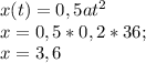 x(t)=0,5at^{2} \\x=0,5*0,2*36;\\x=3,6