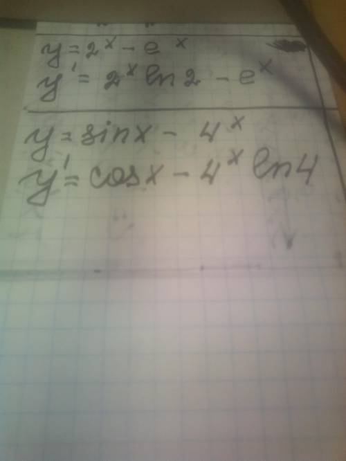 Заранее Найти производную функции 1) y=2^x-e^x 2) y=sinx-4^x
