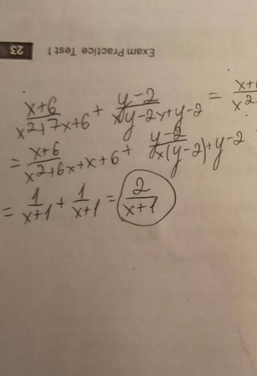 Найдите сумму рациональных дробей x+6/x^2+7x+6 и y-2/xy-2x+y-2Решение