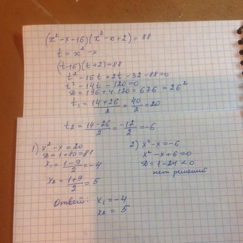 Решить уравнение:(x²-x-16)(x²-x+2)=88​