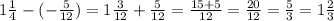 1\frac{1}{4}-(-\frac{5}{12})=1\frac{3}{12}+ \frac{5}{12} = \frac{15+5}{12}=\frac{20}{12}=\frac{5}{3}=1\frac{2}{3}