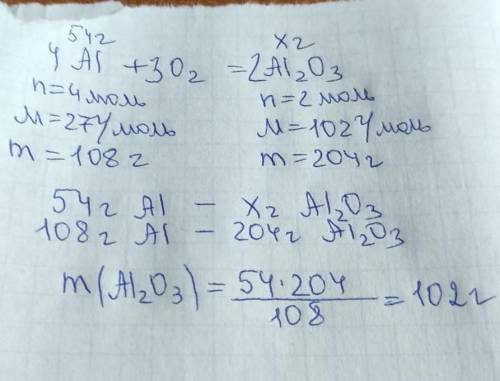 Вычислите массу полученного продукта реакции, если если на реакцию с кислородом затрачено 54 г алюми