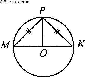 Отрезок MK – диаметр окружности с центром O, а MP и PK – равные хорды этой окружности найдите угол P