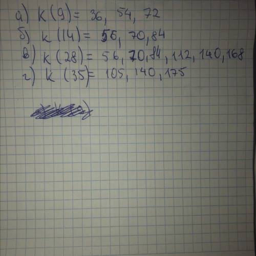Запиши три кратних поданого числа.а) К (9) = б) К (14) =в) К (28) =г) К (35)​