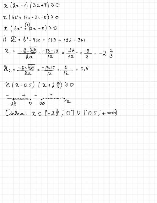 Решите методом интервалов неравенство x(2x-1)(3x+8)>=0 заранее