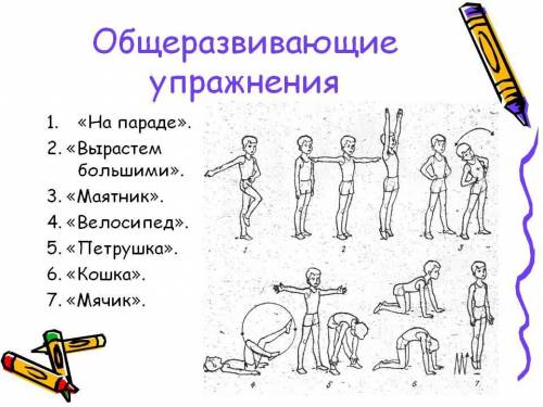 Перечисли положения и движения частей тела, используемые при выполнении общеразвивающих упражнений (