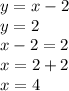 y=x-2\\y=2\\x-2=2\\x=2+2\\x=4