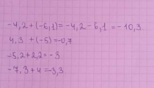 Выполните сложение: 1)-4,2+(-6,1)= 2) 4,3+(-5)= 3)-5,2+2,2= 4)-1,6+(-23)= 5)-7,3+4=​