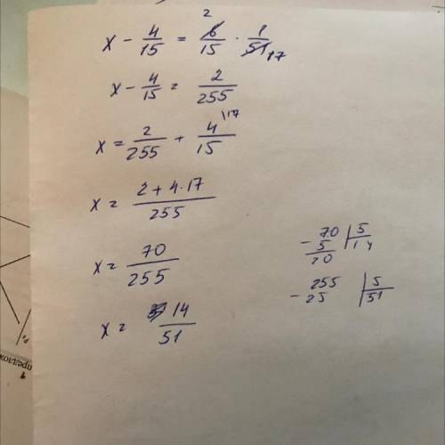 Реши уравнение.×-4/15=6/15×1/51=ответ:×=​