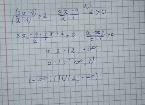 Решите неравенство методом интервалов (3x-4)/(x-1)>2 ответ должен получится(-∞ ;1)U (2;+∞)