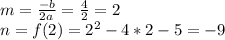 m=\frac{-b}{2a\\} =\frac{4}{2}=2\\n=f(2)=2^{2}-4*2-5=-9