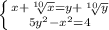 \left \{ {{x+\sqrt[10]{x}=y+\sqrt[10]{y} } \atop {5y^2-x^2=4}} \right.