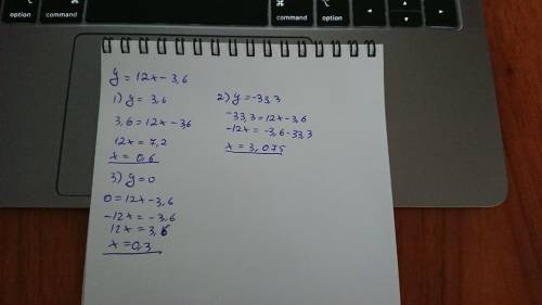 Функция задана формулой y=12x-3.6 Найдите значение формулы, при котором значение функции равно : 3.6