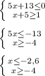 \left \{ {{5x+13\leq 0} \atop {x+5\geq1 }} \right.\\\\\left \{ {{5x\leq-13 } \atop {x\geq-4}} \right.\\\\\left \{ {{x\leq-2,6 } \atop {x\geq-4 }} \right.