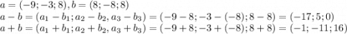 a = (-9; -3; 8), b = (8; -8; 8)\\a - b = (a_1 - b_1; a_2 - b_2, a_3 - b_3 ) = (-9 - 8; -3 - (-8); 8 - 8) = (-17; 5; 0)\\a + b = (a_1 + b_1; a_2 + b_2, a_3 + b_3 ) = (-9 + 8; -3 + (-8); 8 + 8) = (-1; -11; 16)