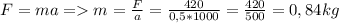 F = ma = m = \frac{F}{a} = \frac{420}{0,5*1000} = \frac{420}{500} = 0,84 kg