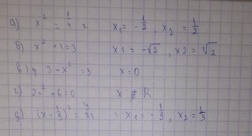А)x²=¼б)x²+1=3в)3-x²=3г)2x²+6=0д)(x-⅑)²=4/81Решите уравнения​