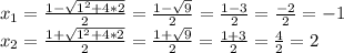 x_1=\frac{1-\sqrt{1^2+4*2} }{2} =\frac{1-\sqrt{9} }{2} =\frac{1-3}{2}=\frac{-2}{2} =-1\\x_2=\frac{1+\sqrt{1^2+4*2} }{2} =\frac{1+\sqrt{9} }{2} =\frac{1+3}{2}=\frac{4}{2} =2
