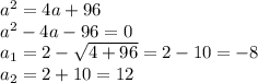 a^2=4a+96\\a^2-4a-96=0\\a_1=2-\sqrt{4+96} =2-10=-8\\a_2=2+10=12
