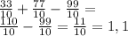 \frac{33}{10}+\frac{77}{10} -\frac{99}{10}=\\\frac{110}{10}-\frac{99}{10}= \frac{11}{10}= 1,1