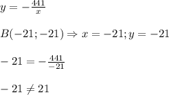 y=-\frac{441}{x}\\\\B(-21;-21)\Rightarrow x=-21;y=-21\\\\-21=-\frac{441}{-21}\\\\-21\neq21