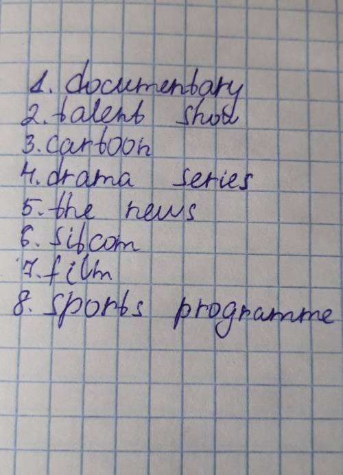 2 Reorder the letters to make TV programmes. 1 cmаordunyet5 het wesn2 naltet hswo6 smitoc3 otaorcn7