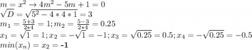 m=x^2 \to 4m^2-5m+1=0 \\ \sqrt{D}=\sqrt{5^2-4*4*1}=3 \\m_1=\frac{5+3}{2*4}=1; m_2=\frac{5-3}{2*4}=0.25\\x_1=\sqrt{1}=1; x_2=-\sqrt{1}=-1; x_3=\sqrt{0.25}=0.5;x_4=-\sqrt{0.25}=-0.5\\min(x_n)=x_2=\textbf{-1}