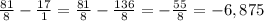 \frac{81}{8} - \frac{17}{1} = \frac{81}{8} - \frac{136}{8} = -\frac{55}{8} = -6,875