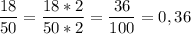 \displaystyle \frac{18}{50} =\frac{18*2}{50*2} =\frac{36}{100} =0,36
