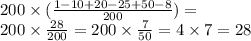 200 \times ( \frac{1 - 10 + 20 - 25 + 50 - 8}{200} ) = \\ 200 \times \frac{28}{200} = 200 \times \frac{7}{50} = 4 \times 7 = 28