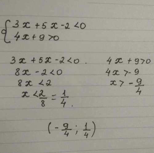Решите систему неравенств Зx + 5х-2 < 0 { 4х +9 > 0​