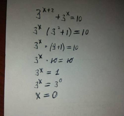МАТЕМАТИКА I КУРС! 3 ^ {х+2} + 3 ^ х =10 Напишите решение по действиям.