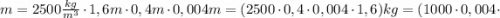 m=2500\frac{kg}{m^{3}} \cdot 1,6m \cdot 0,4m \cdot 0,004m=(2500 \cdot 0,4 \cdot 0,004 \cdot 1,6)kg=(1000 \cdot 0,004 \cdot