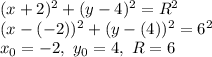 (x+2)^2 + (y-4)^2 = R^2\\(x-(-2))^2 + (y-(4))^2 = 6^2\\x_0 = -2,\ y_0 = 4, \ R = 6
