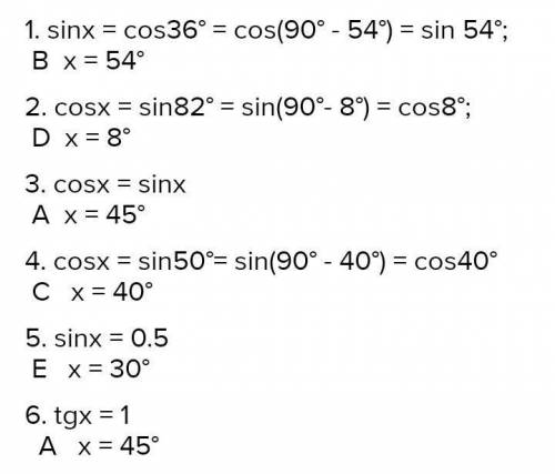Найдите острый угол х, если1) sinLX CO 40° 2) cosx = sin76, 3) tgx e ctg56; 4) сtpx = tg16​