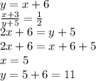 y=x+6\\\frac{x+3}{y+5} =\frac{1}{2}\\2x+6=y+5\\2x+6=x+6+5\\x=5\\y=5+6=11